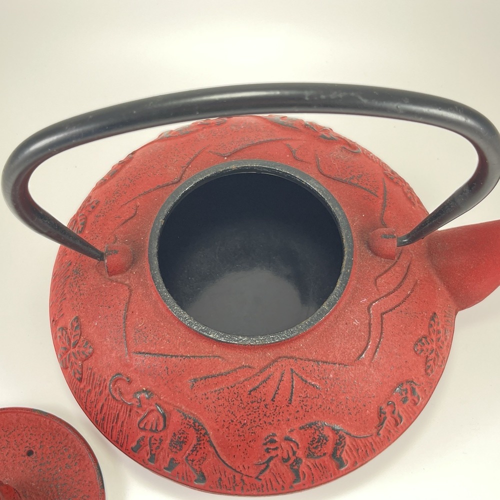 Japanese Teapot Red Cast Iron Asian Elephants Enameled Tetsubin Tetsu Tea Pot - Picture 7 of 11
